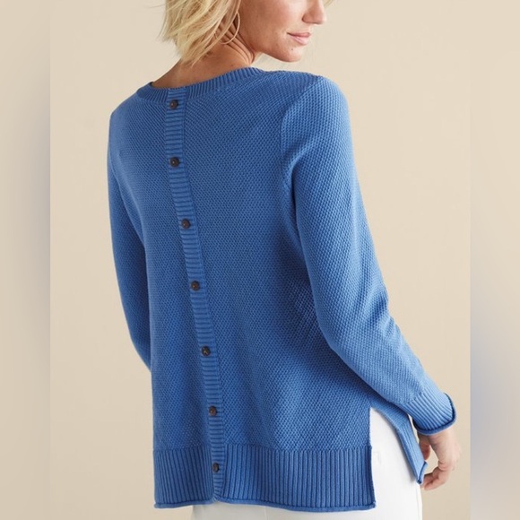 Soft Surroundings NWT Blue Sweater M Medium Marin Back Button Sweater - Picture 1 of 10